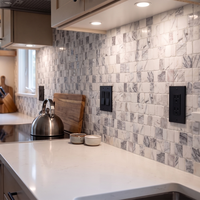Lilac Honed Scarpa Rough Cut Marble Mosaic installed as a kitchen backsplash behind the stove, showing the soft lilac marble's staggered pattern and grey veining framed against the range and hood.
