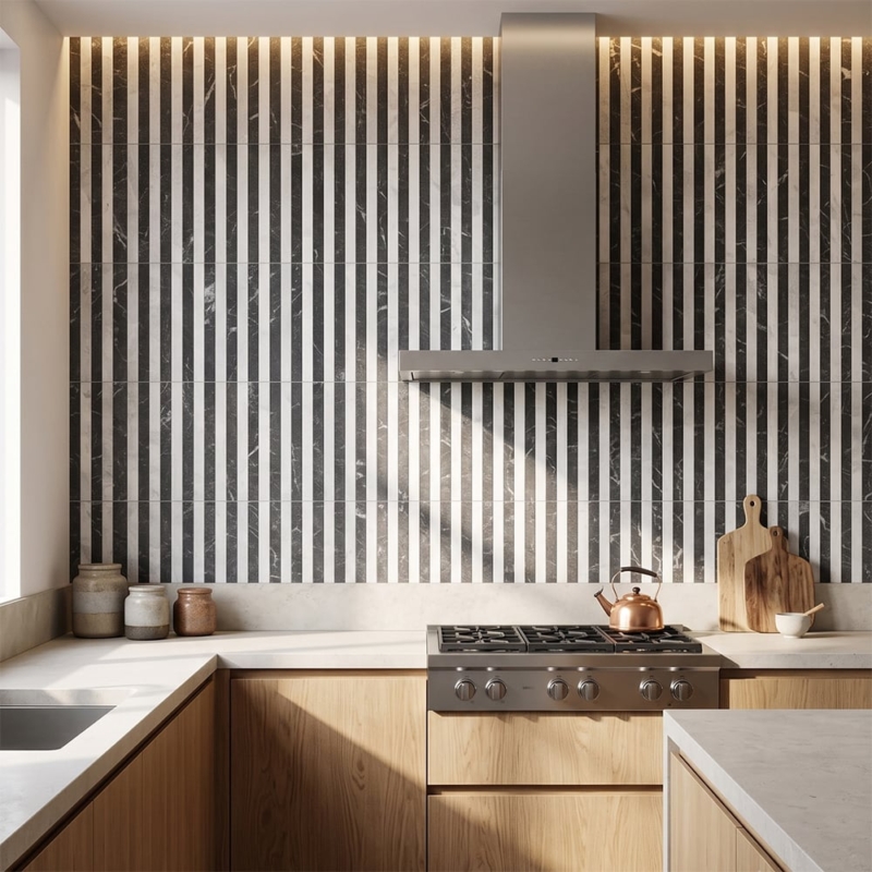 Mosaicos de mármore Iris Black, Avalanche Honed Mod Stripes 12×12 (MS02897)