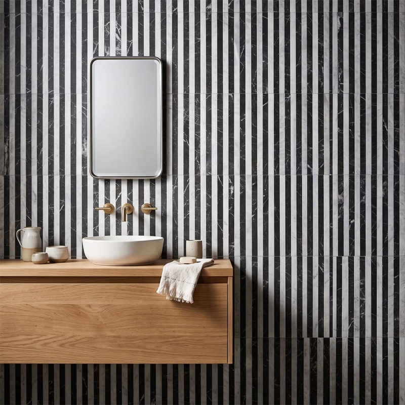 Mosaicos de mármore Iris Black, Avalanche Honed Mod Stripes 12×12 (MS02897)