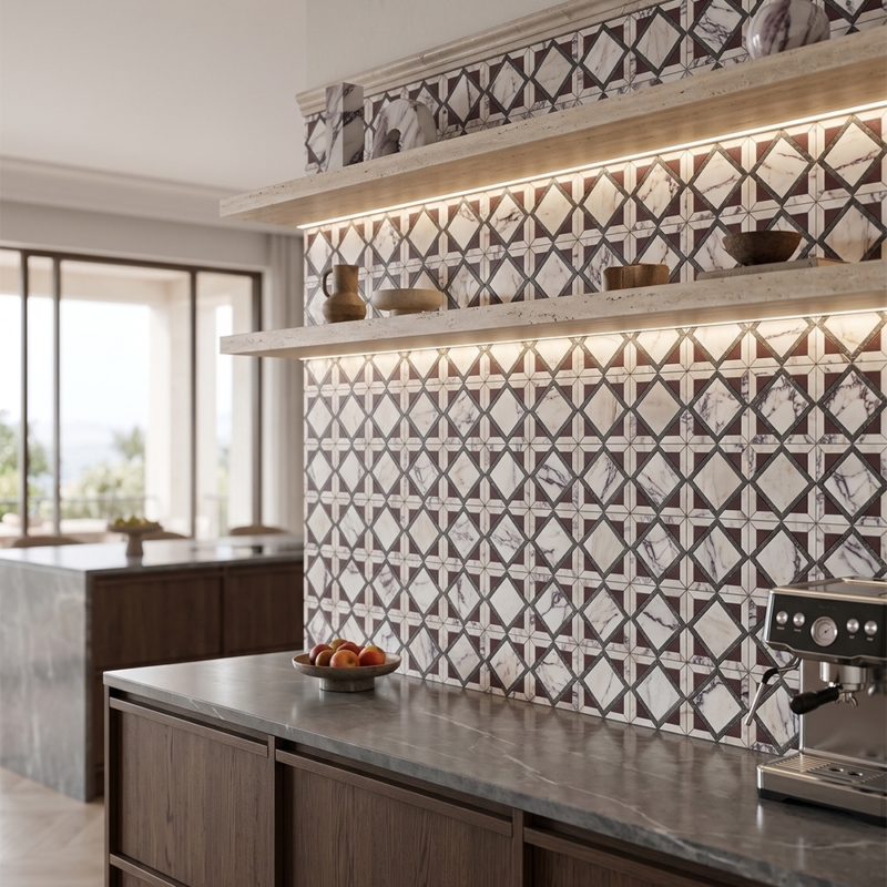 Iris Black,Calacatta Picasso,Aegean Red Honed Kent Marble Mosaics 13 9/16×13 9/16 (MS02927)