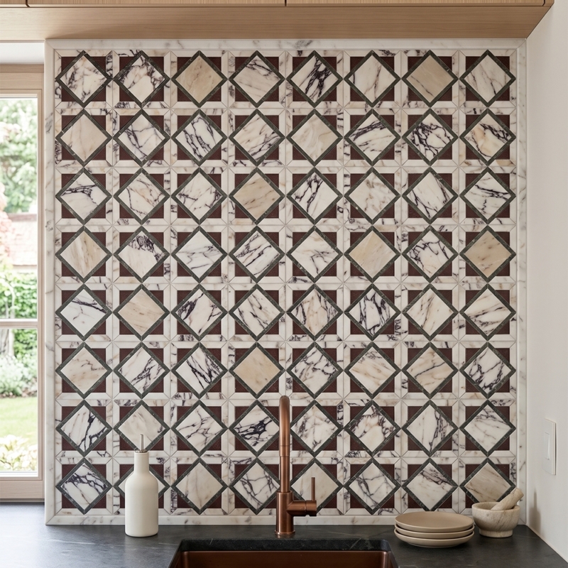 Iris Black,Calacatta Picasso,Aegean Red Honed Kent Marble Mosaics 13 9/16×13 9/16 (MS02927)
