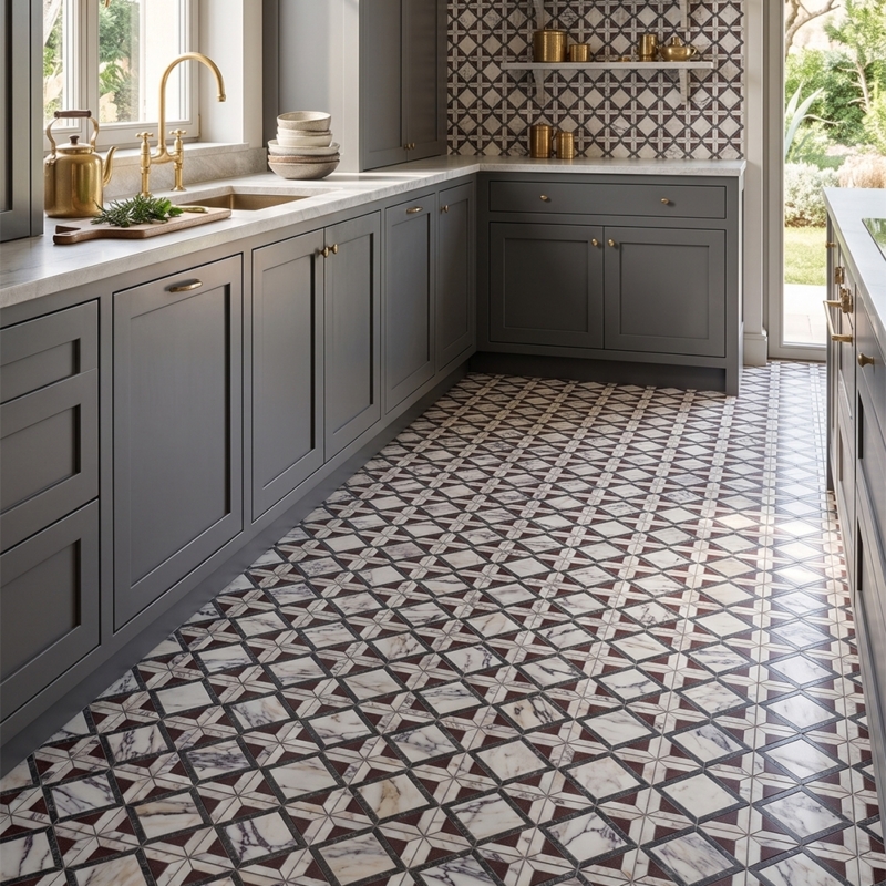 Iris Black,Calacatta Picasso,Aegean Red Honed Kent Marble Mosaics 13 9/16×13 9/16 (MS02927)