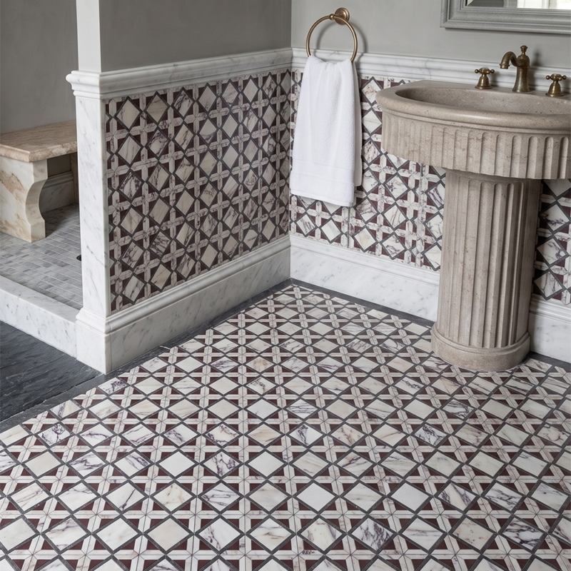 Iris Black,Calacatta Picasso,Aegean Red Honed Kent Marble Mosaics 13 9/16×13 9/16 (MS02927)