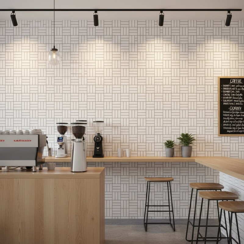 White glossy mosaic backsplash for chic cafe interior by Country Floors