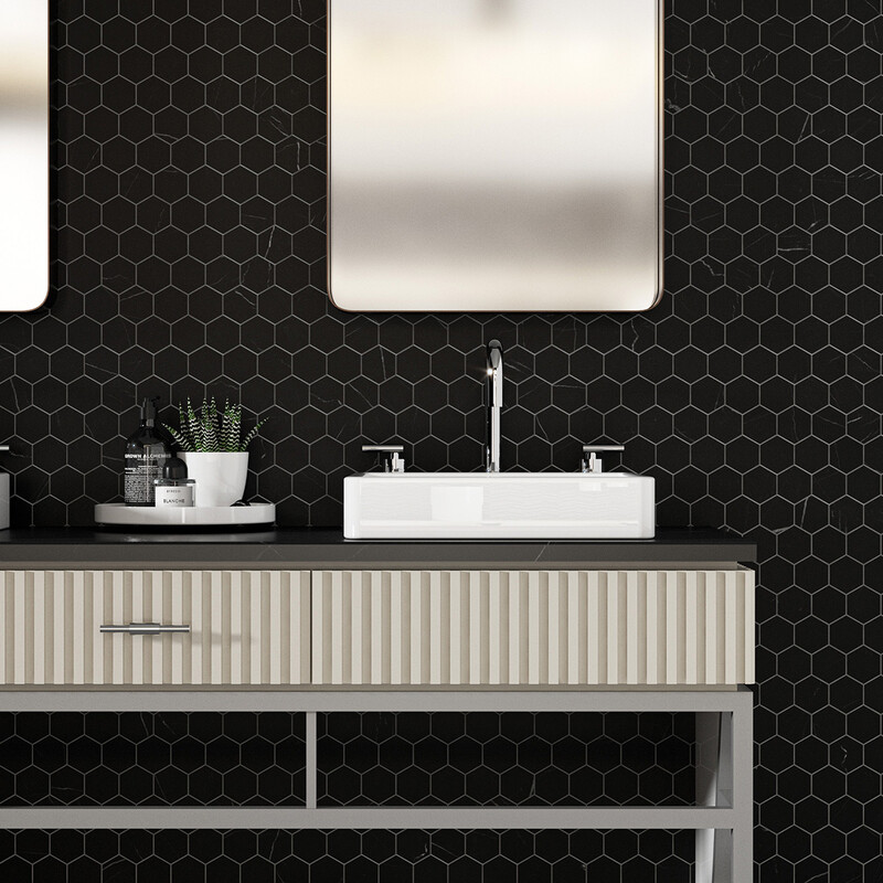 Black Honed Hexagon Marble Mosaic 12×12 (MS90087)