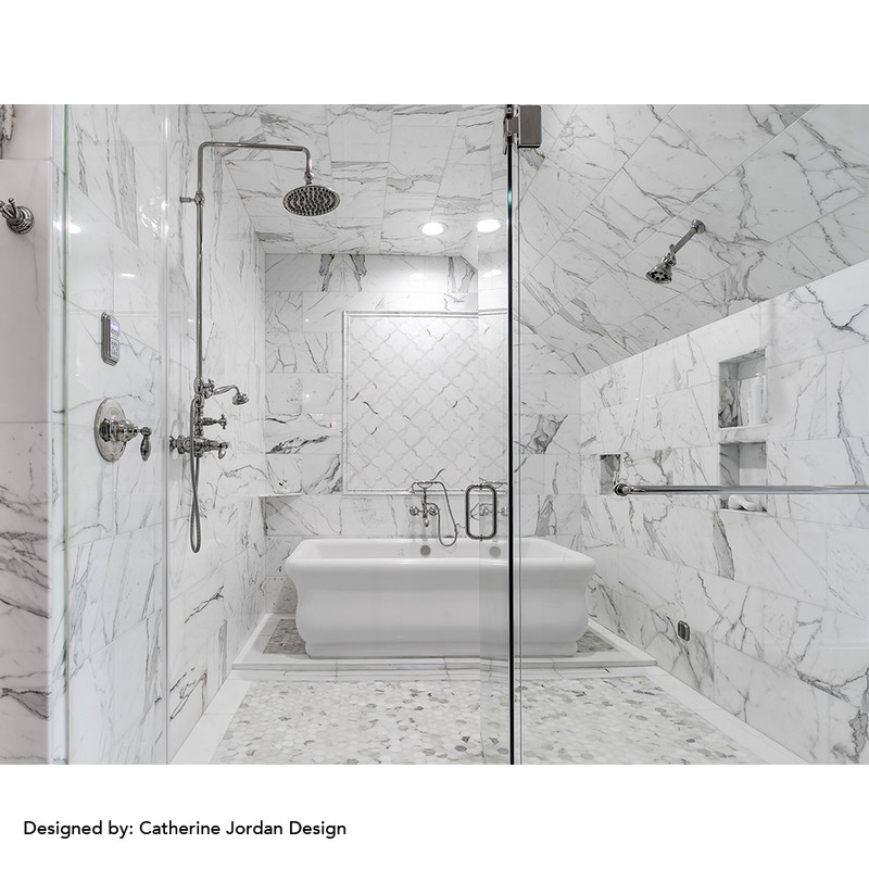 Calacatta Gold Polished Hexagon Marble Mosaic 12×12 (MS90098) Calacatta Gold Polished Andorra Marble Moldings 2×12 (ML90065) Calacatta Gold Extra Polished Marble Tile 12×24 (TL90460)