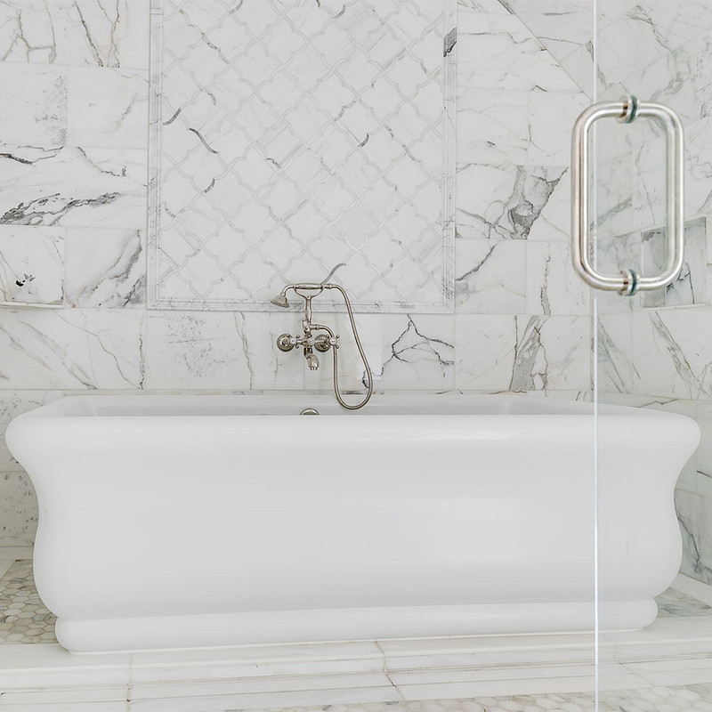 Calacatta Gold Polished Hexagon Marble Mosaic 12×12 (MS90098) Calacatta Gold Polished Andorra Marble Moldings 2×12 (ML90065) Calacatta Gold Extra Polished Marble Tile 12×24 (TL90460)