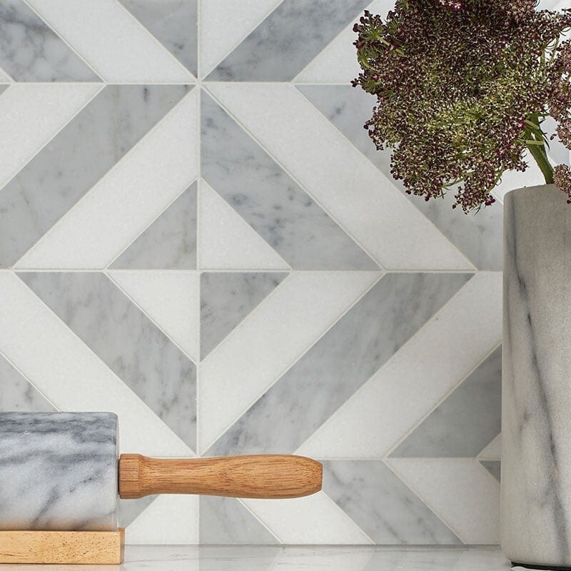 Thassos White, White Carrara Multi Finish Marina Chevron Marble Mosaic 8×8 1/16 (MS90291)