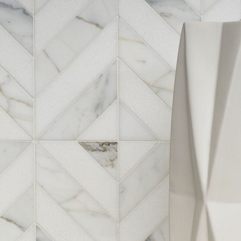 Thassos White, Calacatta Gold Honed Marina Chevron Marble Mosaic 8×8 1/16 (MS90292)