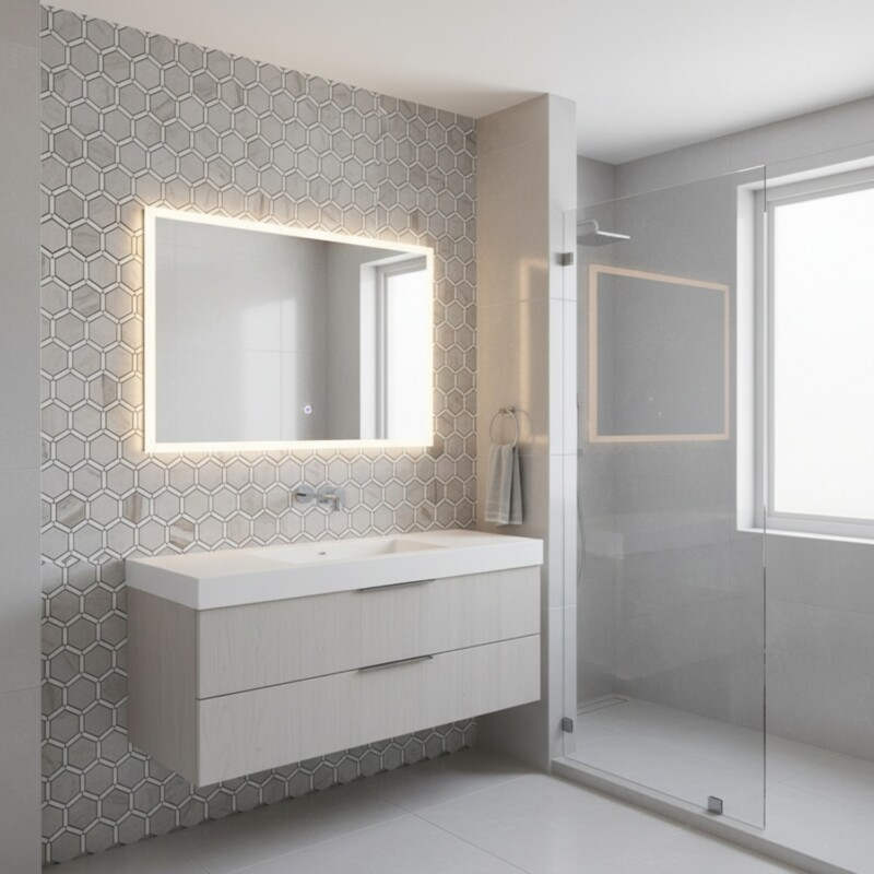 Geometric marble mosaic wall in modern bathroom design by Country Floors