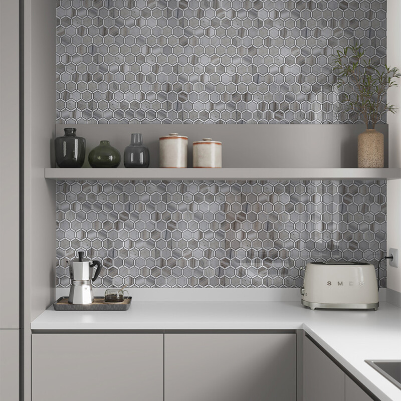Geometric marble mosaic backsplash in modern kitchen design by Country Floors