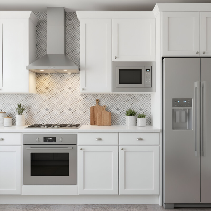 Crédence en mosaïque de marbre poli Stella Thassos White et Skyline dans une cuisine de luxe signée Country Floors