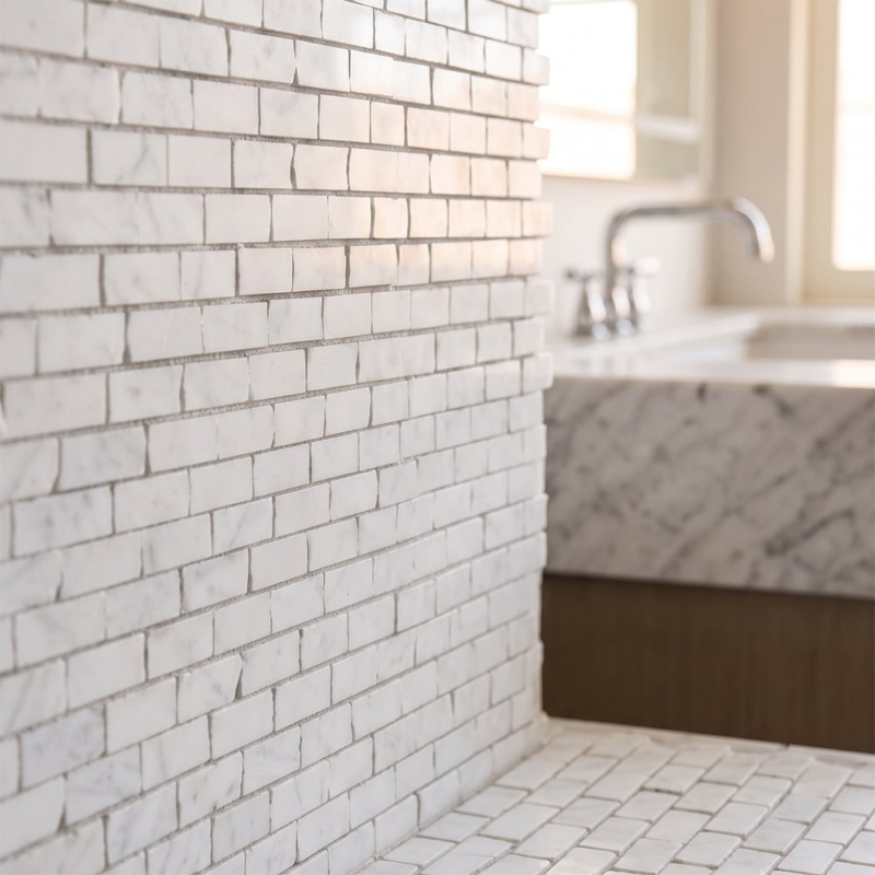 White Carrara Honed Broken Joint Marble Mosaics 11 3/4×12 (MS90873)