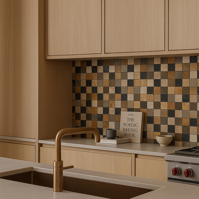 Kitchen backsplash with checkmate mosaic tiles creating vibrant geometric focal wall design by Country Floors