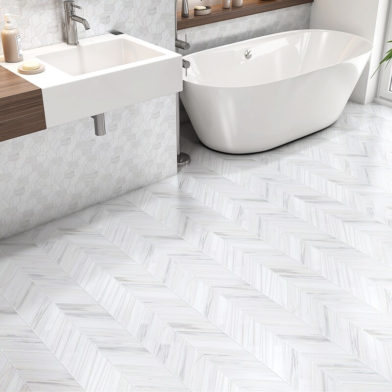 Chevron Bianco Dolomiti Classic Honed Marble Waterjet Decos 13×10 (NW00085) Bianco Dolomiti Classic Honed Hexagon Marble Mosaic 10 3/8×12 (MS01645)