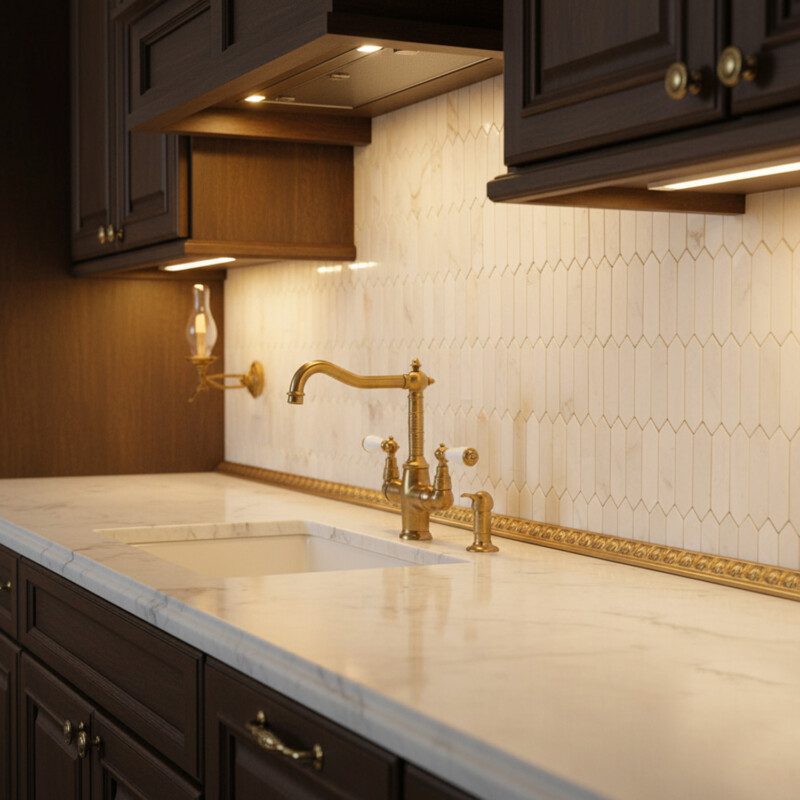 Kitchen backsplash with marble mosaic and warm wood cabinetry modern design by Country Floors
