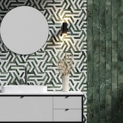 Snow White, Verde Tia Honed Windmill Marble Mosaic 11 3/4×13 9/16 (NW00172)