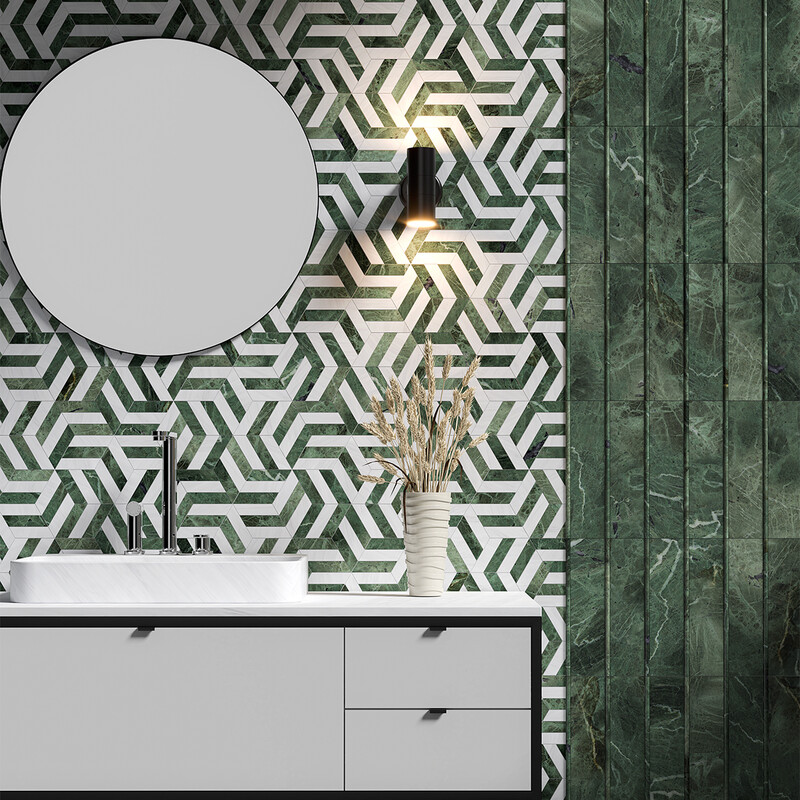 Snow White, Verde Tia Honed Windmill Marble Mosaic 11 3/4×13 9/16 (NW00172)