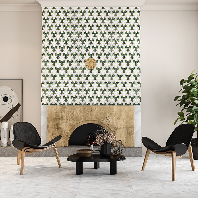 Snow White, Brass, Verde Tia, White Carrara Honed Fence Marble Mosaic 11 3/4×11 7/8 (NW00177)