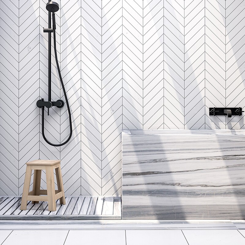 Chevron Aspen White Polished Marble Waterjet Decos 13×10 (NW90662) Aspen White Polished Marble Tile 12×24 (TL16765)