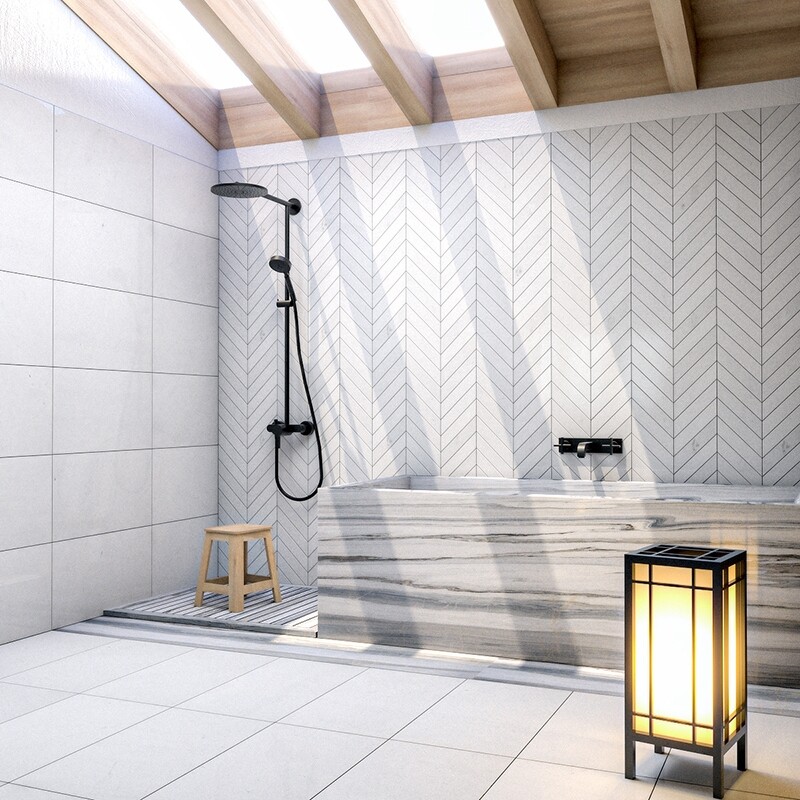 Chevron Aspen White Polished Marble Waterjet Decos 13×10 (NW90662) Aspen White Polished Marble Tile 12×24 (TL16765)