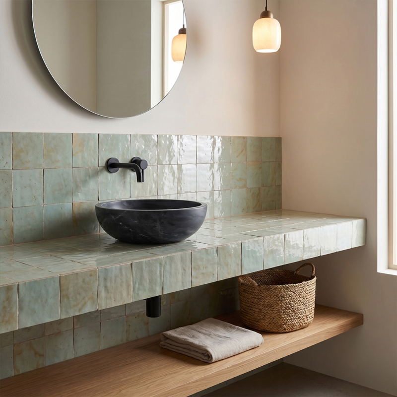 Lavabo de mármol pulido Bardiglio Royal de 18×6 (SN00256), azulejos Zellige brillantes claros de Maldivas de 4×4 (WMZ90005)