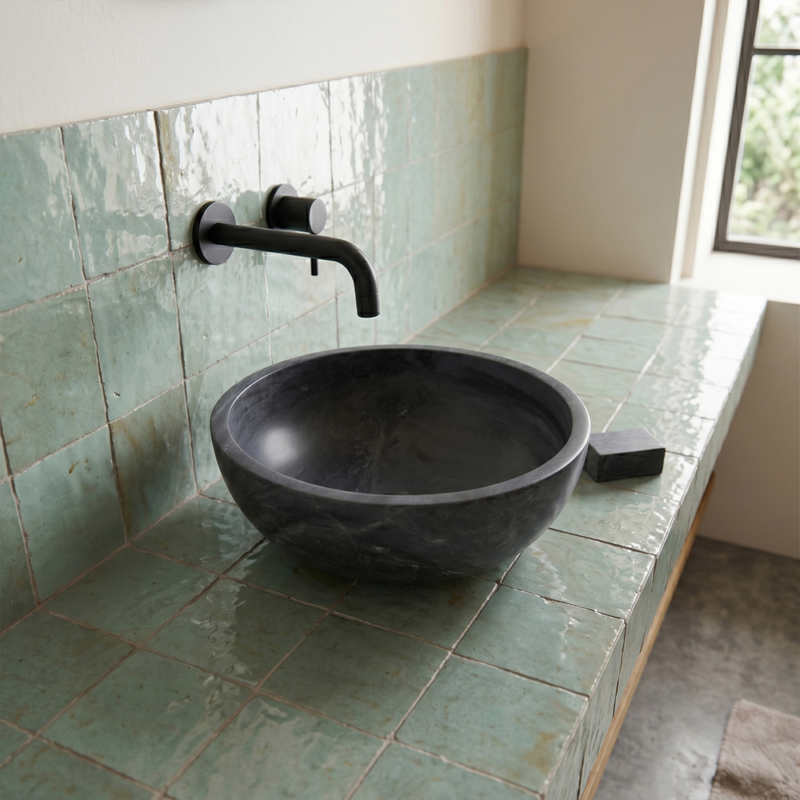 Lavabo de mármol pulido Bardiglio Royal de 18×6 (SN00256), azulejos Zellige brillantes claros de Maldivas de 4×4 (WMZ90005)