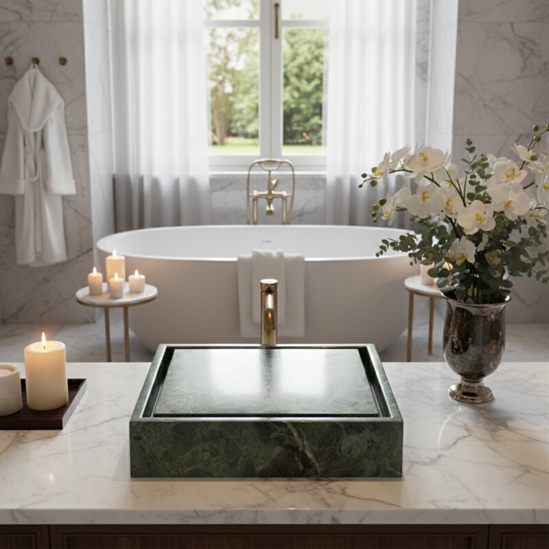 Verde Tia Honed Bauhaus Marble Sink 20×20 (SN00273)