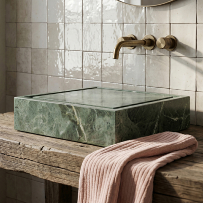 Verde Tia Honed Bauhaus Marble Sink 20×20 (SN00273), Patience Glossy Ceramic Tiles 5×5 (WSA10008)