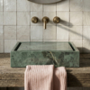 Verde Tia Honed Bauhaus Marble Sink 20×20 (SN00273), Patience Glossy Ceramic Tiles 5×5 (WSA10008)