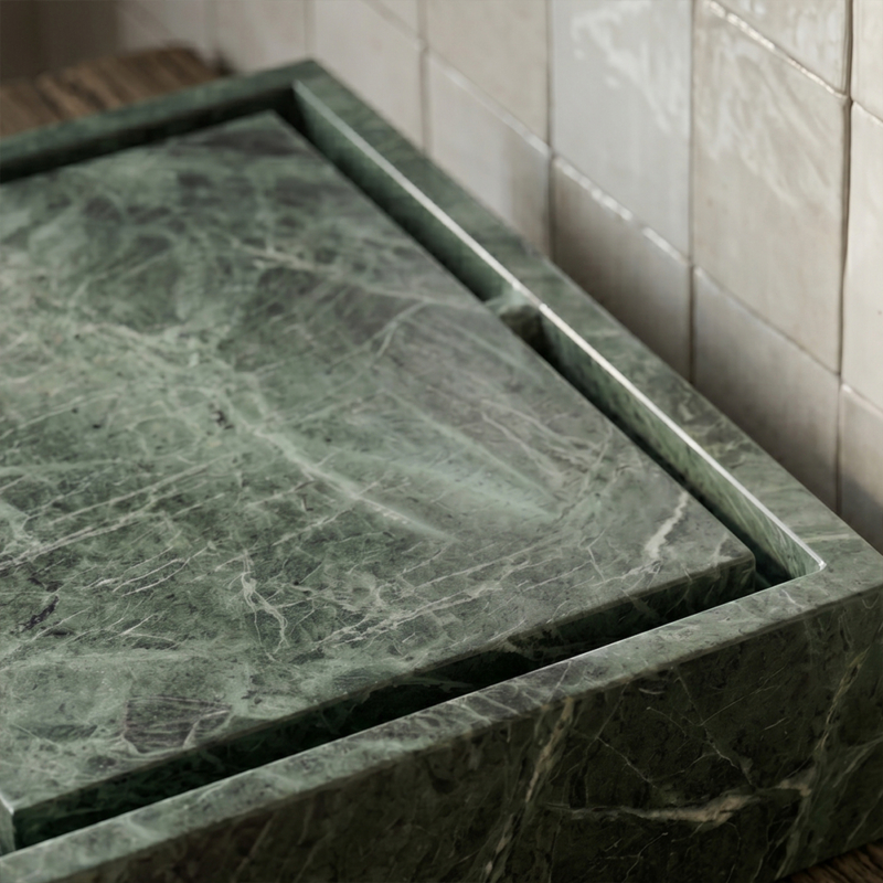 Verde Tia Honed Bauhaus Marble Sink 20×20 (SN00273), Patience Glossy Ceramic Tiles 5×5 (WSA10008)