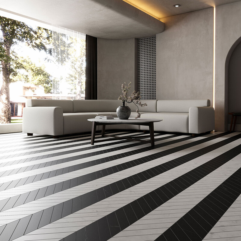 Black and white chevron marble floor in modern luxury living room by Country Floors