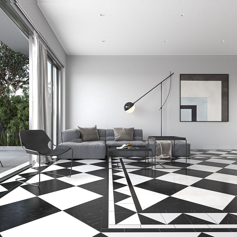 Snow White Polished Marble Tile 18×18 (TL10242) Black Polished Marble Tile 18×18 (TL90747)