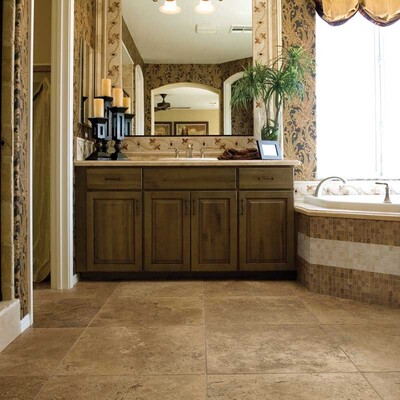 lassic bathroom vanity with travertine flooring and wooden cabinet design by Country Floors