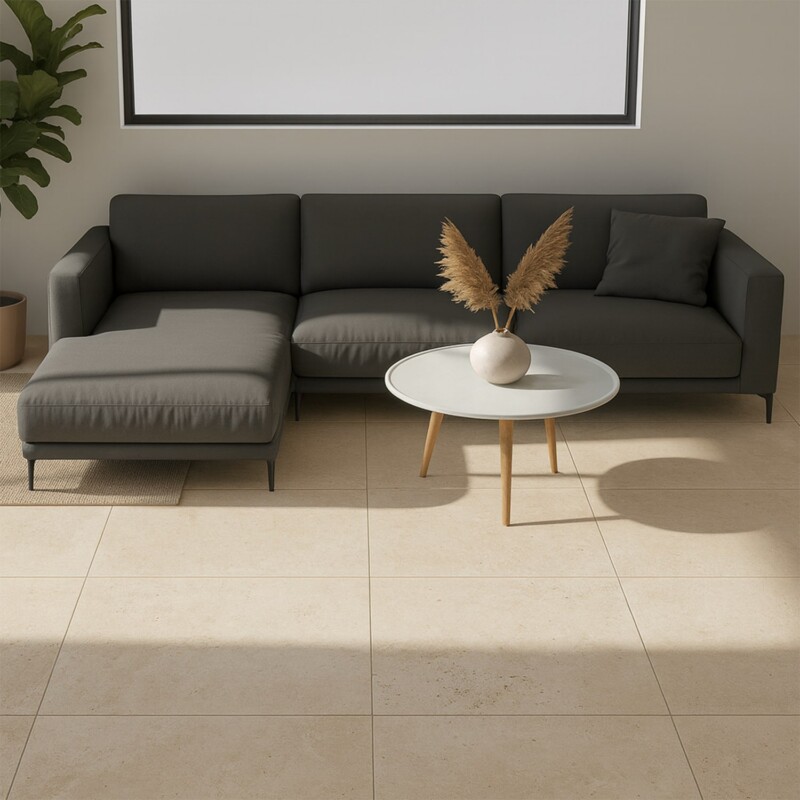 Modern living room with ivory travertine flooring and neutral furniture styling by Country Floors