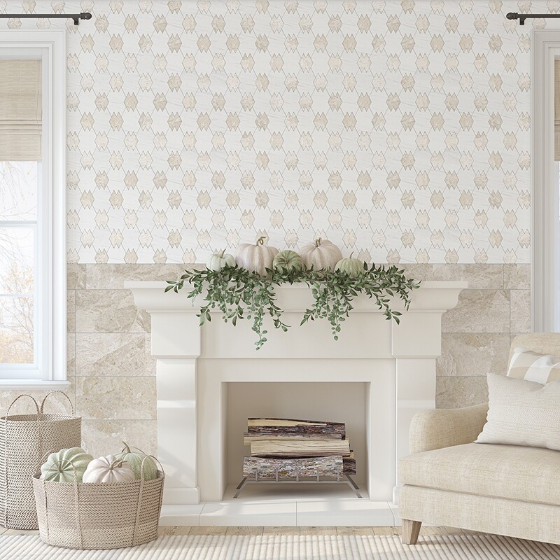 Salón moderno con suelo de mármol y muebles contemporáneos en tonos neutros suaves de Country Floors.