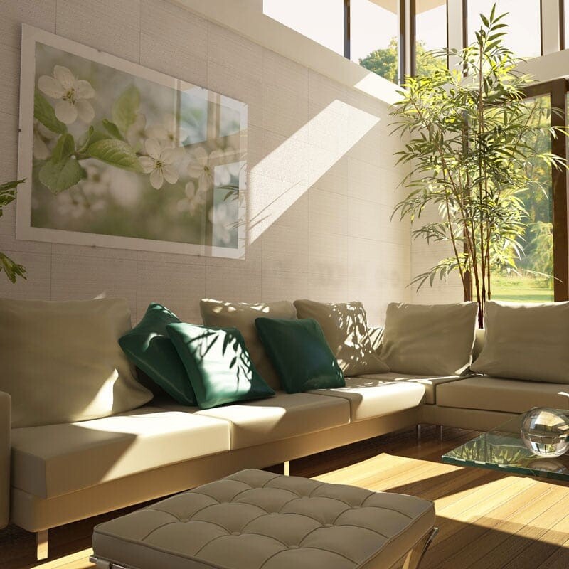 Cozy lounge space with textured limestone flooring and warm sunlight modern ambiance by Country Floors