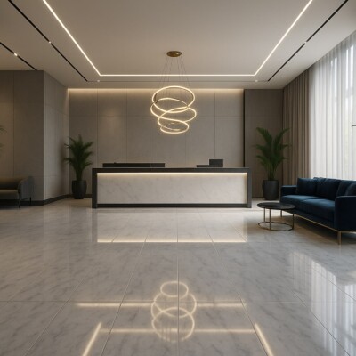 Elegant light marble flooring in contemporary lobby design by Country Floors