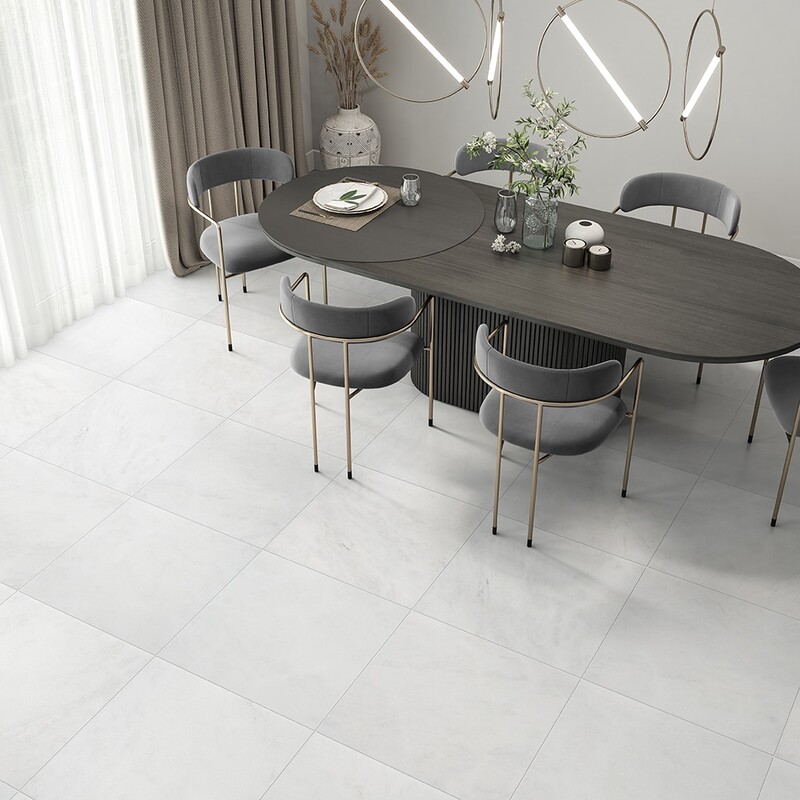 Warm tone marble flooring for elegant dining room interior design by Country Floors