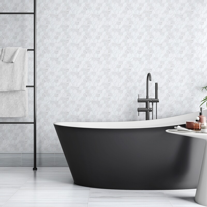 Bianco Dolomiti Classic Honed Marble Tile 12×24 (TL17782) Bianco Dolomiti Classic Honed Modern Base Marble Moldings 5 1/16×12 (ML00840) Bianco Dolomiti Classic Honed Hexagon Marble Mosaic 10 3/8×12 (MS01645)