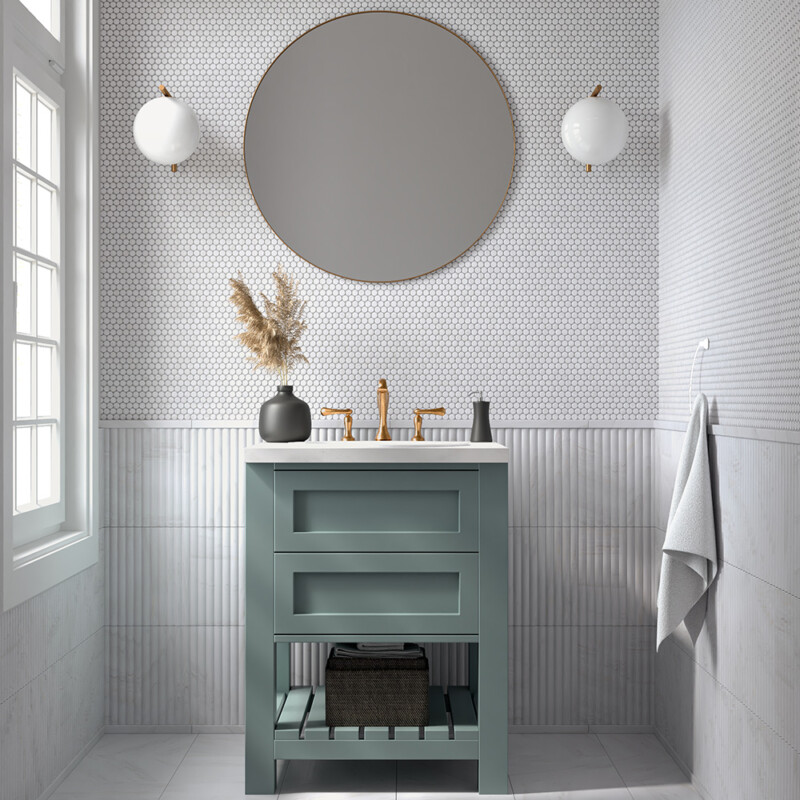 Snow white penny round marble mosaic bathroom wall in minimalist interior design by Country Floors