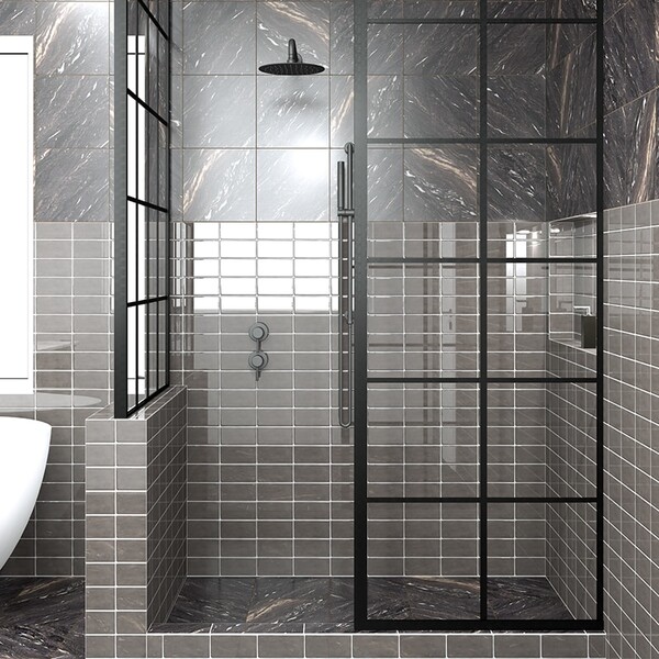 Barn glossy subway ceramic wall tile in a modern industrial bathroom by Country Floors