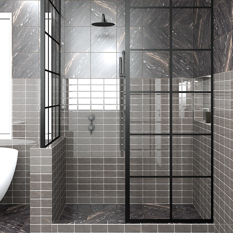 Barn glossy subway ceramic wall tile in a modern industrial bathroom by Country Floors