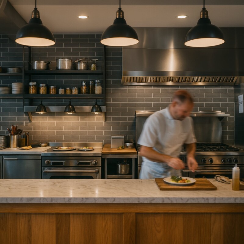 Barn glossy subway tile backsplash in industrial kitchen by Country Floors