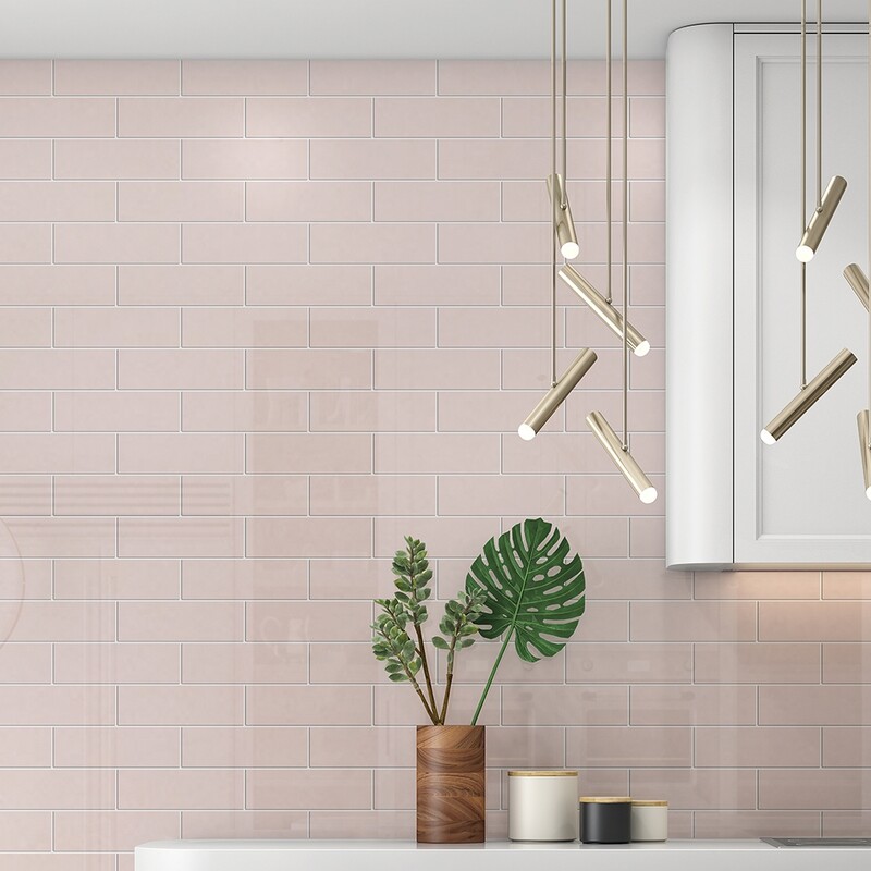 Rosie glossy subway ceramic tile wall in soft pink kitchen design by Country Floors