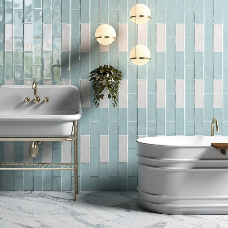 Azulejo cerâmico brilhante Jules 4×12 (TL18363) Azulejo cerâmico brilhante Royal White 4×12 (TL18362) Azulejo de mármore polido Calacatta Gold Royal 12×24 (TL18804)