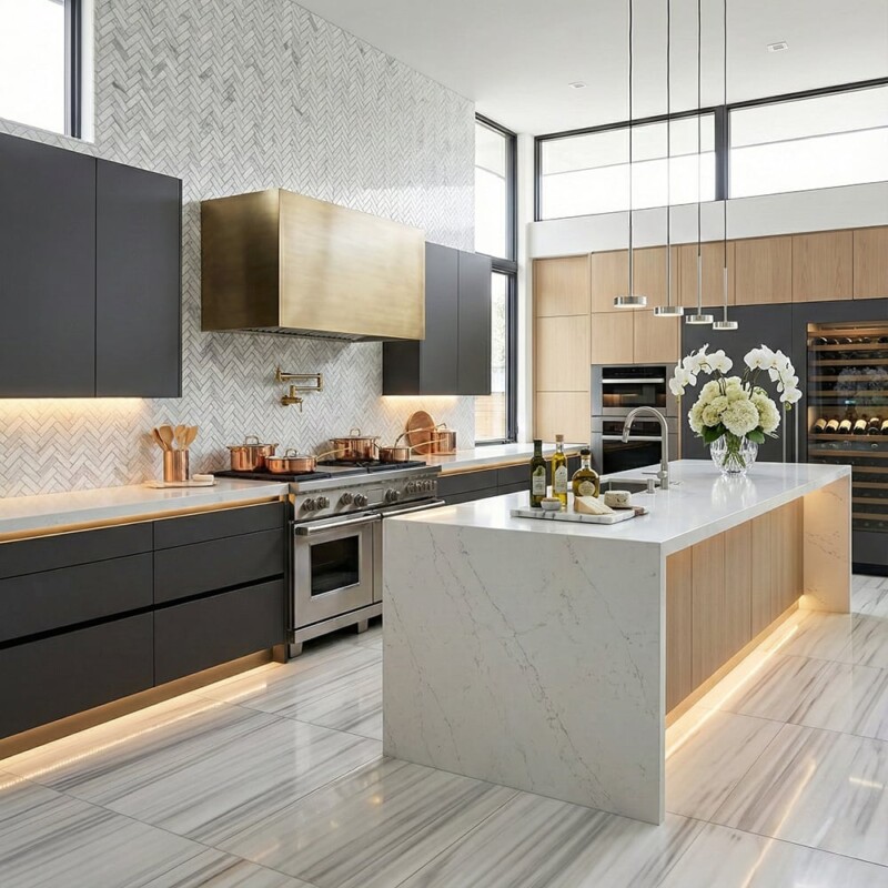 marble mosaic backsplash in a luxury kitchen by Country Floors