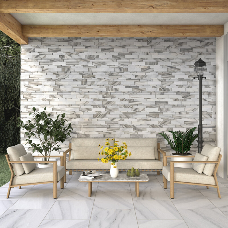 Grey stacked marble tile for outdoor patio wall design by Country Floors