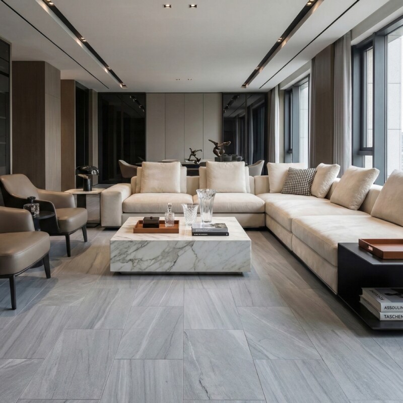 Bardiglio Royal marble tile flooring in a modern luxury living room by Country Floors