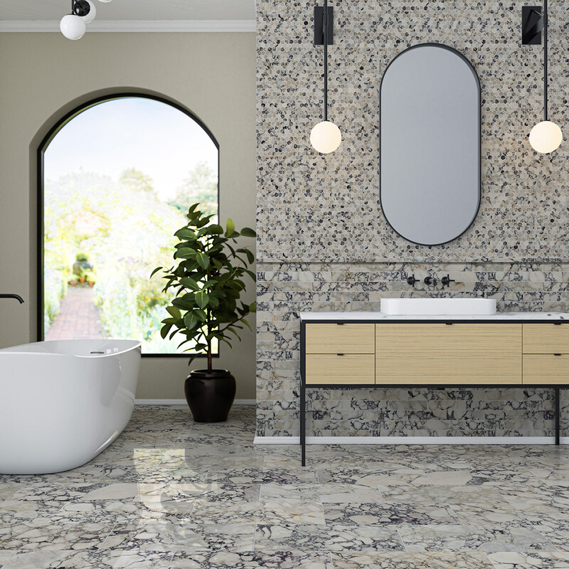 Luxury marble bathroom wall and floor design with natural veining by Country Floors